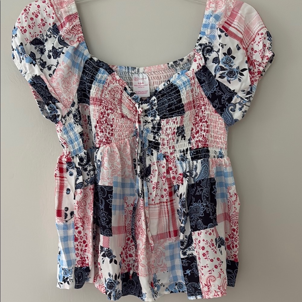 No Boundaries Pink and Blue Smocked Tie Front Blouse